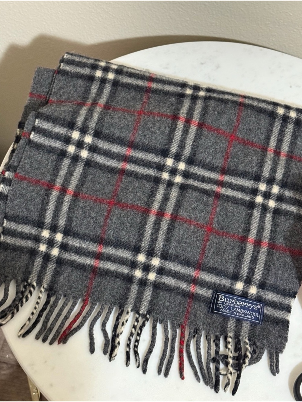 Burberry Grey Plaid Lambswool Scarf with Red Windowpane